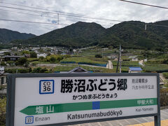 新宿から4駅目。1時間半で到着です。奥にはブドウ畑らしき景色が。