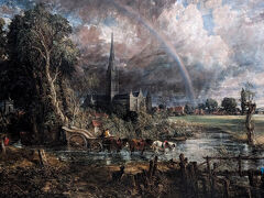 草原から見たソールズベリー大聖堂
コンスタブル　1831年

このソールズベリー大聖堂も、1823年に描かれた、V&A博物館の「主教の庭から」に比べると、画面が暗い。1828年に妻が亡くなってからの晩年の絵には、彼の気持ちが画面に表れているようだ。この絵にも虹が出ている。

