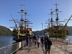 富士山を堪能し（相方は富士山撮影を堪能し）、これもまた混雑していたロープウェイで、芦ノ湖側の桃源台に降りて、芦ノ湖クルーズの海賊船に乗る。海賊船にも長い列ができていたが、船に乗れる人数は多いので、列はさらさらと進み、乗船することができた。