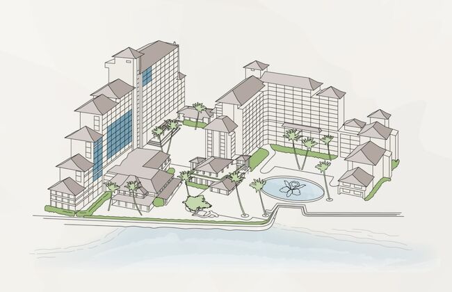 今回宿泊するのはこのブルーのエリア<br />プール越しにダイヤモンドヘッドを拝めるルームクラスです