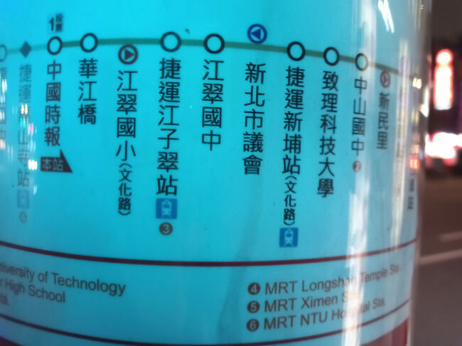 宿で休んでから夜市に行こうと思ったら、<br />夜市のメインの店が臨時休業と知る。。。<br />悩みに悩んで体が焼き餃子を欲しているので<br />近くのチェーン店へ行こう、、、と思ったけど、<br />隣の駅（江子翠駅）付近の観光も兼ねて隣駅まで餃子を食べに行こうとバス停へ。。。
