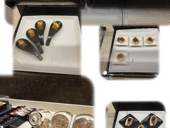 羽田到着は第1ターミナルなので、国際線の第3ターミナルに各自移動します。敷地内を走るバスもありますが、今回は京急で。

さすが、羽田はJALの本拠地だけあります。Fクラスのための特別なサービスが充実。第3ターミナルではチェックインも特別の入り口から。続いてラウンジもゆったりひろびろ各種飲み物やフードの提供も上質。桜ラウンジとは別の、ファーストクラスの乗客専用のラウンジです。すごいな～～！
なんだか優越感がくすぐられます。フフフ　…　運賃払ってないんだけど…　　　
　　　　　シーーーッ　(≧◇≦)

写真は、ラウンジで提供されるフードの色々です。