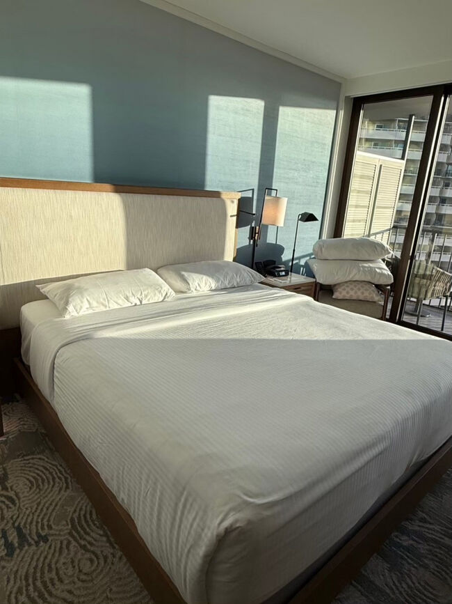 今回の部屋はオーシャンビュー　キングベッド1台です。<br />こちらの部屋はテーブルがあるので、あえて1台にしました。