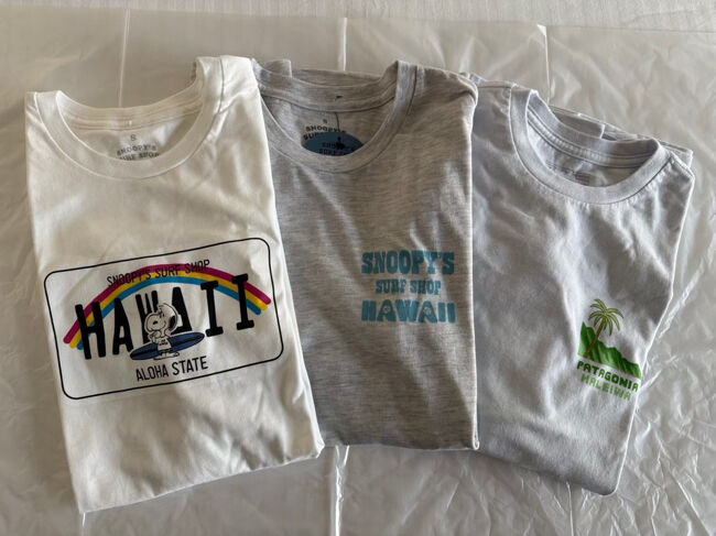 その後はハレイワにあるスヌーピーサーフショップに行きました。<br />スヌーピー大好き！というわけではないのですが、今回も買ってしまいました。。。。<br /><br />買ったのはこちらの左側と中央にあるTシャツです。<br />右側はパタゴニアで買ったTシャツです。<br />