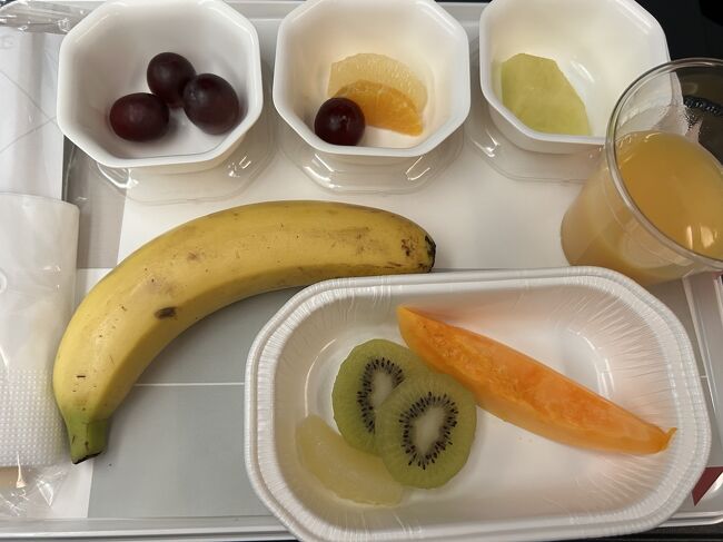 機内食は、フルーツミールを予め注文<br />朝早く食べるのには、私には、十分だけど<br />人によってはちょっと物足りないかも…。