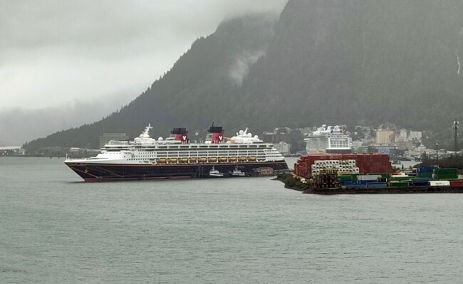 港の先の停泊していたのはディズニー・クルーズ・ラインのディズニー・ワンダーのようです。2本のファンネル（煙突）にはアイコニックなミッキーマウスのマークが見えています。