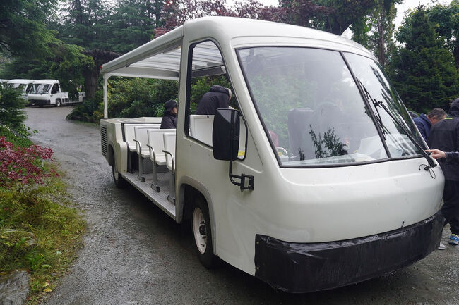 大型バスがこんな坂を登れるのだろうかと思っていると開けた土地に出ます。ここで大型のゴルフカートのような物に乗り換えます。