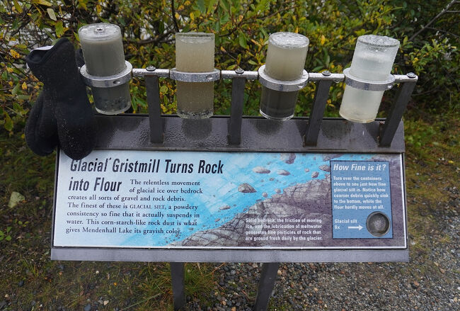 氷河の動きはあらゆる種類の砂利や岩の破片を生み出します。これらの中で一番細かいのが「氷河シルト」で、非常に細かい粉状のため水の中に浮遊します。このコンスターチのような粉は氷河湖の水を灰色に変えます。