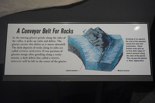 移動する氷河の表面は谷の側面を削り取り、氷河はこれらを広いながら斜面を下ります。堆積物はラテラルモレーンと呼ばれ、氷河の中央にはメディアルモレーンと呼ばれる堆積物の線が残ります。