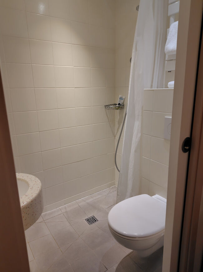 水回り。洗面台は小さいしシャワーカーテンだけなのでトイレの方まで水浸しになっちゃう…<br />これは残念。<br /><br />お部屋のチェックが終わればeSIM設定！チャットで問合せして無事に繋がり一安心です。<br />夕食は元気だったら近くのガレット屋さんにでも行こうかと思ってたけど力尽きたので機内で配られた玉子パンで終了となりました。一人旅だとほんと食事が壊滅的すぎる。<br /><br />明日は日帰りプロヴァン！<br />早々にシャワーして就寝です☆