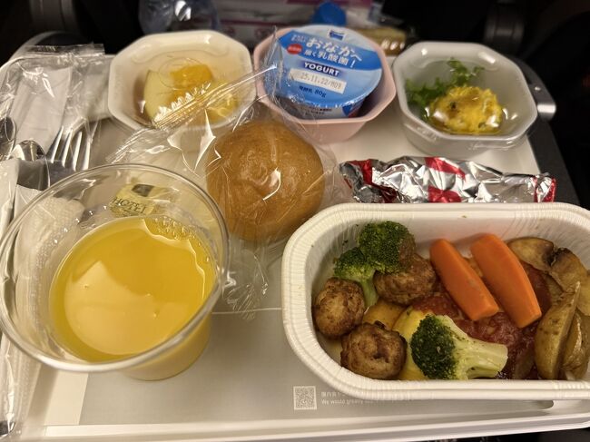 到着２時間前くらいに起床しました。<br />ちょうど朝食が配られます。(1択)<br />ミートボールとオムレツがメイン。ミートボール美味しかったな。<br />飲み物はオレンジジュースとコーヒーをもらいました。<br />血統値が上がって目が覚める！
