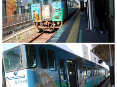 ▲▽鬼太郎列車▽▲ 
☆The Fifth Day ☆　１０月２３日（木）
13:38 米子発の鬼太郎ラッピング車に運よく乗れました。境線(境港～米子)の全てが鬼太郎列車ではないのでご注意下さい。又JRおでかけネットによれば「鬼太郎、ねずみ男、ねこ娘、目玉おやじ、こなきじじい、砂かけばばあの6種類のイラスト列車が現在走行している。」そうです。
*https://guide.jr-odekake.net/spot/9485