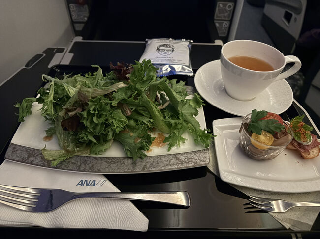 深夜便なのでしっかりとしたお食事は到着前に提供される為、離陸後はアミューズと飲み物が提供され、その他は好きな時にオーダーが出来るシステムになっています。<br />とりあえず軽めのサラダをお願いしました。<br /><br />アミューズはきのこのマリネと鴨とチーズのカナッペ