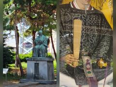 鳥居横にある建物（というか庇のある場所）にはその藩主様の肖像画があり、拝殿の横には坐像もありました