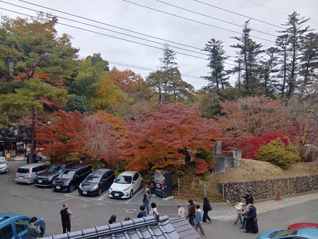 少林山達磨寺から約30分、午前11時頃、洞窟・徳明園に到着です。高台の駐車場から真っ盛りの美しい紅葉が見られます。
