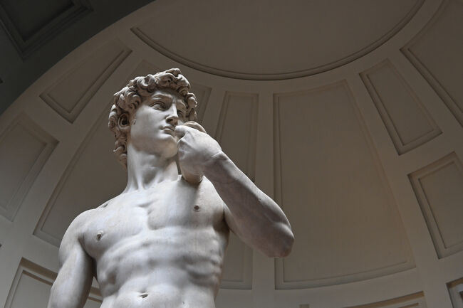 感想はまず「でかい」である。等身大くらいの大きさかと思っていたのだが、5メートル以上もあった。像の後ろにも回ることができるので、普段はお目にかかれないダビデ氏のケツなどもありがたく拝むことができる。360度からよくよく見ると、今にも動き出しそうな臨場感と力強さがあり、さすがの傑作だ。巨人との戦いで、石を投げようとしている場面だという。<br />ところで、ダビデ氏とはまったく関係がなくて恐縮だが、この美術館のトイレには便座がなかった。イタリアでは盗難防止などのために便座が最初から取り外されていることがままあるらしく（便座だけ盗んでなにに使うのやら）、その場合は腰を浮かせて用を足すらしい。駅などの不特定多数が利用する場所ならまだわかるが、なぜ美術館のトイレまでこの仕打ちなのだろうか。