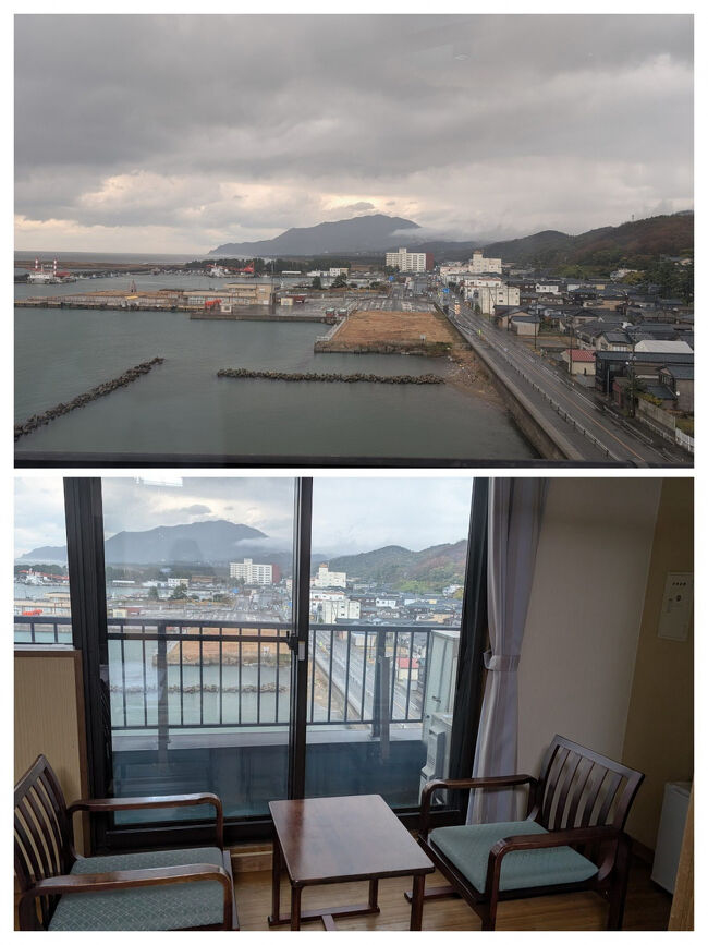 この日は、日本海側らしいどんよりとした曇り空でしたが、ホテルから真正面に見えるのは弥彦山でした。