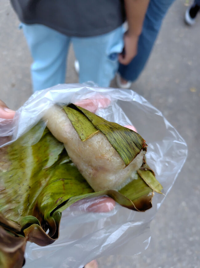 山の麓でトゥクトゥクを降り、乗り合いのピックアップトラックに乗っていく仕組みらしい。<br />チケットを買って並んでいる時にココナツ風味のもち米の食べ物を買いました。<br />温かくてモチモチしていてたぶん美味い。<br />「たぶん」というのは、自分は甘い物ダメなんで、甘い物いける人に美味いかなという意味です。