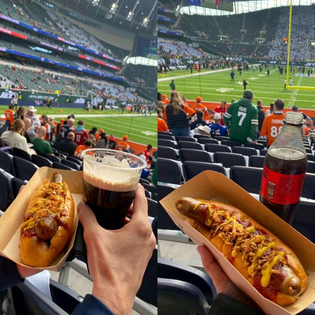 座席について、売店で買ったホットドッグで昼食。ドリンクはビールとコーラとしましたが、なぜかコーラのペットボトルキャップは没収されました。コーラはそんなに一気に飲めず、シートにはドリンクホルダーもないので、この謎ルールは正直やめて欲しい。