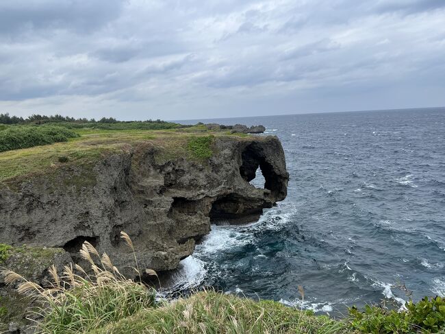 やっとこさ、写真が撮れました～<br />天気わるっ(￣∇￣)<br /><br />万座毛は今回で3回目なんですが、一度も晴れたことがありません。いつも曇ってます、わたしだけでしょうか？？そして沖縄の台風が凄くてもこの象の形は顕在なんですね～ビックリです(*^_^*)
