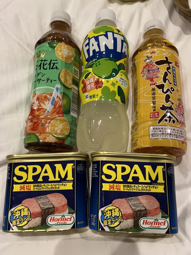 【イオン若狭店】<br /><br />トイレをお借りした代わりに購入しました～<br /><br />［購入品］<br />◇シークヮーサーティー￥105<br />◇ファンタシークヮーサー￥116<br />◇茶流彩彩さんぴん茶￥105<br />◇スパム減塩￥537×2<br /><br />税込表示です