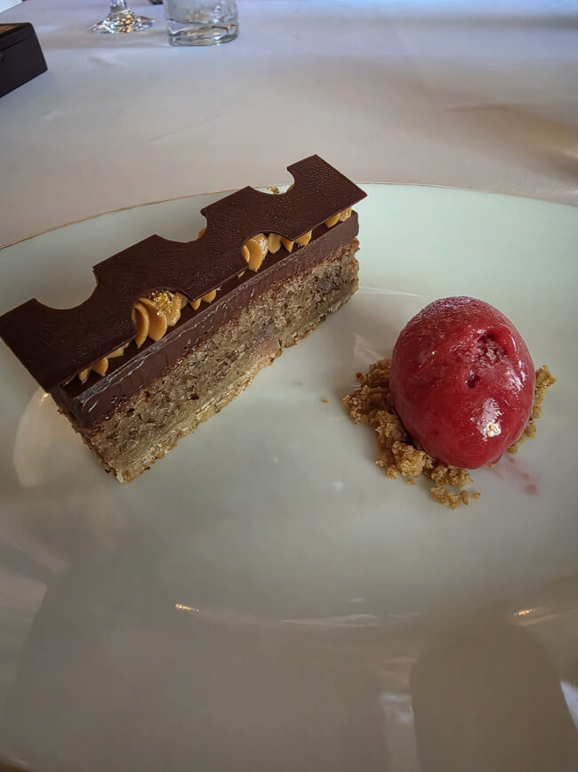 Thirdは<br />グアナハチョコレート70%とピーカンナッツのタルトヴァローナ・クレムー、ピーカン・フランジバーヌ、ラズベリーソルベをチョイス