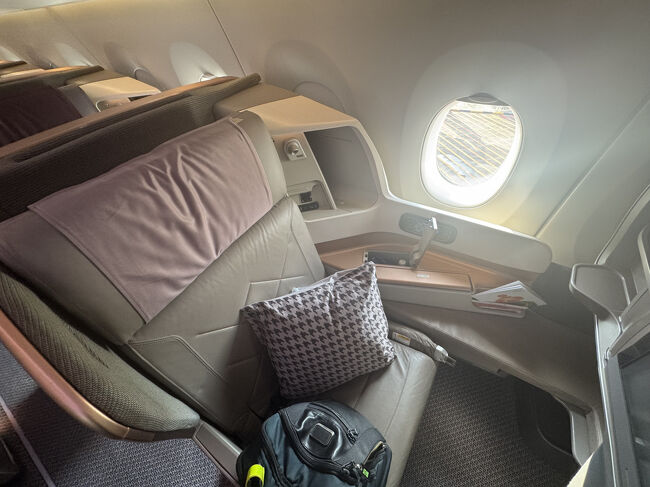 長距離用シートでした。<br />スリッパをお願いしたらすぐに持って来てくれましたが、「履くのは離陸後よ」と釘を刺されました。