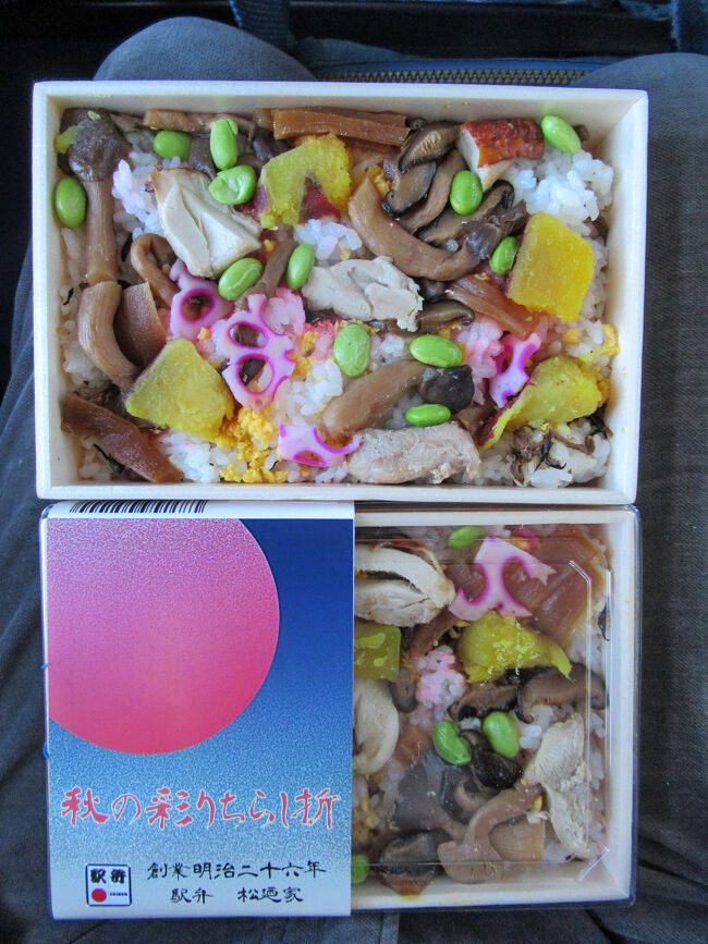 明治26年に創業した松廼家（まつのや）の駅弁「秋の彩りちらし折」・・・美味しかったですね！<br />明治18年の日本鉄道(現JR東日本) の東北線・宇都宮駅開業と同時に、宇都宮駅前で旅館を営んでいた白木屋が販売を始めたのが日本初の駅弁で、胡麻をまぶした握り飯２個とたくあんを竹皮に包んだもので、代金は５銭・・・そば１杯が１銭の時代にしては贅沢品だったのでしょうね。