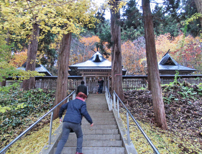 長床裏の階段を上がった所にある本殿・・・本殿は熊野三山を模して３棟が東を向いて建ち並び、右から本宮殿、中央が新宮殿、左は那智殿。<br />建立時期は不明ですが、形式などからして室町時代末期と思われます。