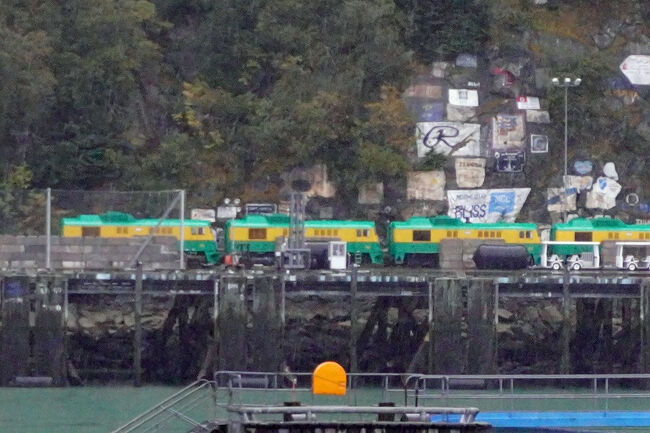 午前7時に「スキャグウェイ/Skagway」に到着しました。レイルロードドック側には黄色とグリーンの駆動車が何台も並んでいます。