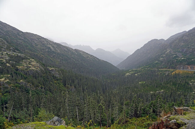 ムーアクリーク峡谷の向かって右側には道路が走り、左側には「ホワイトパス・アンド・ユーコンルート鉄道」の線路が見えています。