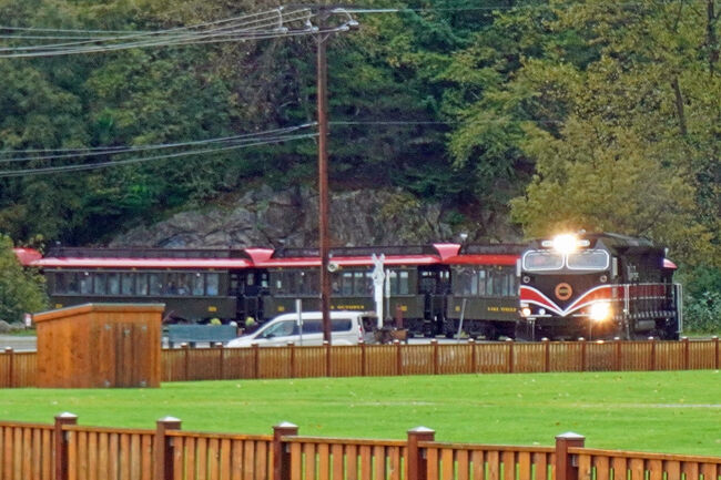 警笛を鳴らしながら機関車がやってきました。「スキャグウェイ」は山に囲まれた狭い街なので、警笛が山に反射して何とも言えない雰囲気を醸し出します。