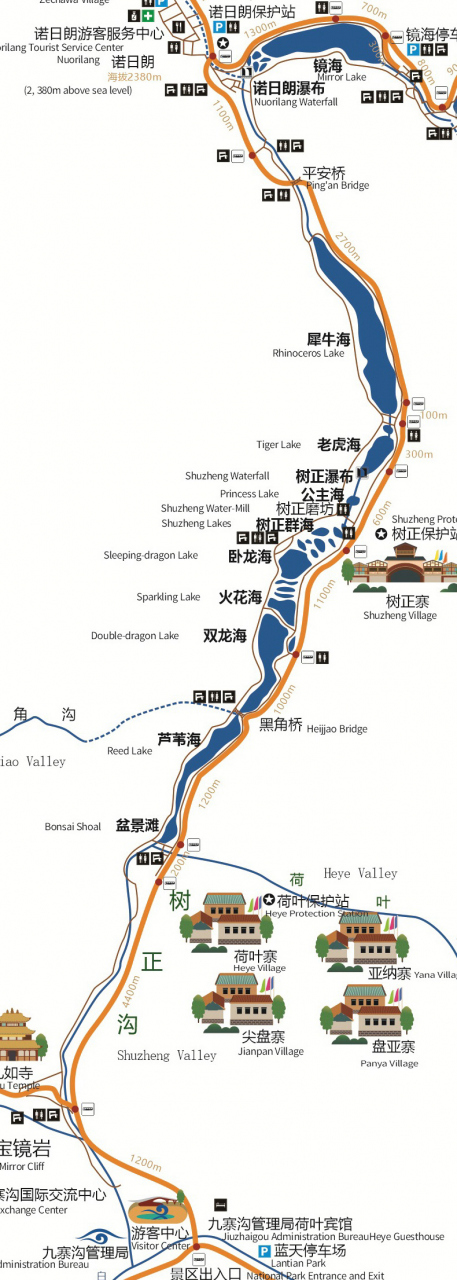★九塞溝・樹正溝 ルートMap<br />四川省 九寨溝風景区管理局<br />※https://www.jiuzhai.com/<br /><br />樹正溝 ＝樹正景区<br /><br />◎犀牛海<br />◎老虎海<br />●樹正瀑布<br />◎樹正群海<br />◎臥龍海　<br />●火花海瀑布<br />◎火花海<br />◎双竜海<br />◎芦葦海