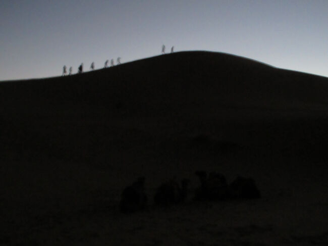 ラクダは4～5匹くらいをロープで離れないようにつなげていて、一人ずつラクダに乗って先頭をベルべルさんが歩いて引いてくれます。砂漠にも段差というのか、アップダウンがあって、乗り心地は非常に悪いです。揺れるし高いし、行きのほとんどは緊張していて手が離せず写真も撮れませんでした。３０分近く揺られて一度ラクダから降りて、そのあとが心臓破りだった。砂の丘を登ります。あんなところまで。ほんとに心臓が破れるかと思った。