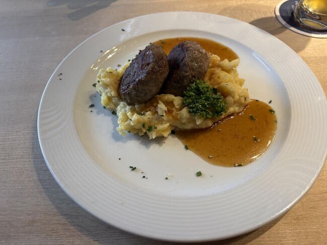 肉団子と付け合わせのポテトサラダです。15.9ユーロでした。そこそこおいしかったです。12時30分ごろに入りましたが、空いていました。