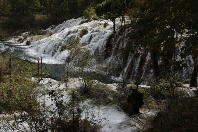★秋の九寨溝絶景紀行（６）～【樹正溝】→樹正群海:双龍海瀑布<br /><br />九塞溝や黄龍のようなカルスト地形は堆積と浸食の繰り返し堆積<br />水中の炭酸カルシウムが、<br />藻類やバクテリアの活動によって沈殿し、<br />湖底や岸辺に鍾乳石のようなものや、石灰華段丘と呼ばれる<br />棚田状の地形を形成します。
