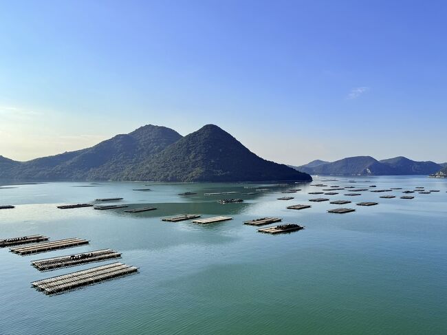 欄干から眺めるカキ筏。穏やかな瀬戸内らしい風景。<br /><br />島の周りを弧を描くようにして回り込む船団。牡蠣の護送船団だね。11月も半ば、そろそろカキ入れ時かな。