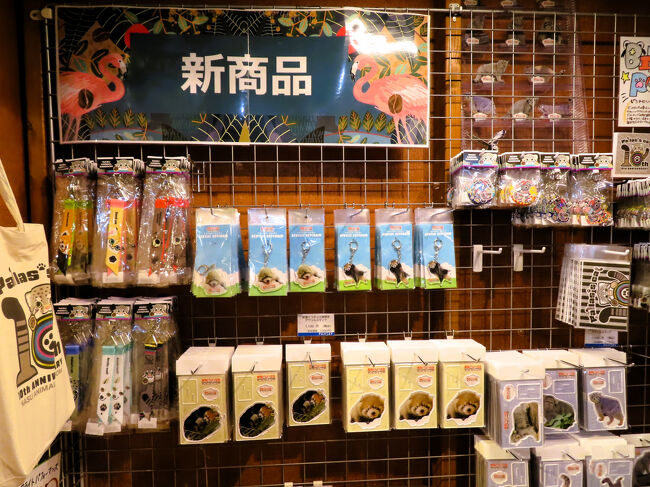 レッサーパンダの赤ちゃんのもなかちゃんの公開前の写真が使われた新商品があるコーナー