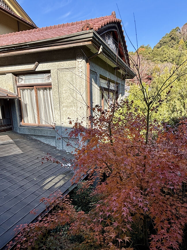 ［登録有形文化財　③眠雲閣落合樓 応接棟］<br />建築面積18㎡の小規模な洋館。柱型柱頭部と入母屋破風の妻面に漆喰レリーフが施されています。<br /><br />現在は中庭を囲む回廊から中庭側に張り出す形で建っています。