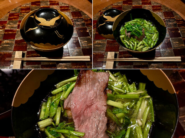 黒毛和牛　胡麻豆腐　芹　椀<br /><br />胡麻豆腐が最上級の牛脂のごとくまったり，且つあっさり。肉への火の通し方も，これ以上は望めないでしょう。たっぷりと添えられた「はしり」の芹の食感が，早くも初春を予感させます。
