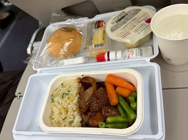 帰りの機内食。シーフードの甜麺醤風の味付けで、エビも沢山入っていて美味しかったです。<br />予定通り羽田空港に着きましたが、入国の顔認証ゲートは、人混みでした。<br />この後、荷物が出てくるのに、1時間くらいかかったので、顔認証で焦る事は、ありませんでした。<br />終電1つ前で、帰りました。<br /><br />私の行きたいところ、全部行けました。娘の行きたかったキムチ鍋とお粥に行けずでした。<br />娘よ、ごめんね、次こそキムチ鍋に行きましょう。