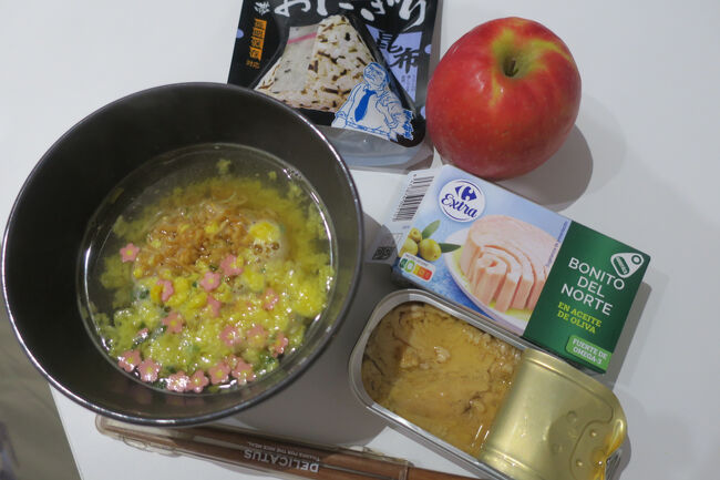 夜も回復食です。タンパク質のために「ツナ缶」をプラスしました。日本から持ってきてたお椀チキンラーメンが残っていたので、ここで食べてしまいます。やっぱりリンゴが断トツで美味しい！！スーパーで0.77ユーロなので円安でも日本より安いです！<br /><br />■マラガ2の備忘録<br />・エンカルナシオン大聖堂は無料時間でも十分<br />・マラガ美術館はコスパ良し<br />・アタラサナス中央市場は楽しいこと間違いない<br />・カルメンティッセン美術館は内容を確認した方が良さそう<br />・ピカソ博物館は意外とあっさりしている<br />・沿岸はおしゃれエリアで夕陽はお勧め<br />・スーパーのリンゴがとにかく美味しい<br />・ミハス(Mijas Pueblo)、フエンヒローラ(Fuengirola)、エル・チョロ駅(El Chorro)へのバスは下記で検索<br />(LinesのページでFilter by municipalityに行き先を入力)<br />https://siu.ctmam.ctan.es/<br /><br />■マラガで食べたかった物<br />・イワシのエスペト(串)<br />・アホブランコ(アーモンドの冷製スープ)<br />・マラガのお菓子：Loca<br />・フリヒリアナのクラフトビール：La Axarca