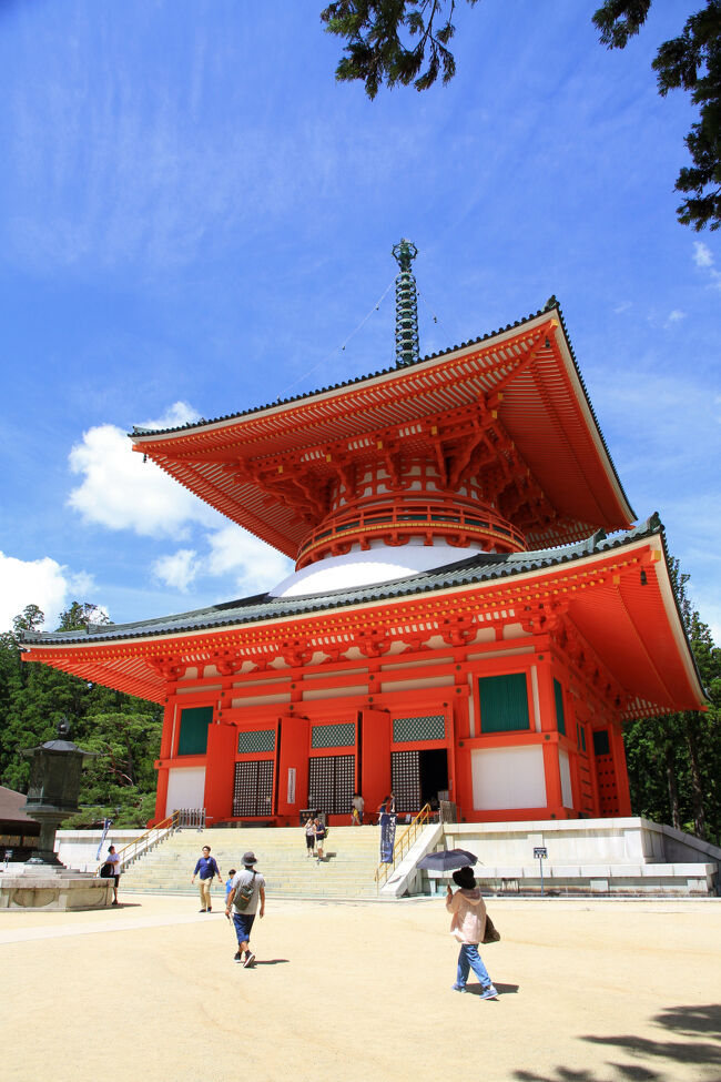 根本大塔<br />何度かの焼失の後、現在の塔は1937年（昭和12年）に空海入定1100年を記念して再建したもので1階平面が方形・2階平面が円形の鉄筋コンクリート造の16間（約30ｍ）四面・高さ16丈（約50m）の2層の多宝塔です。<br />真言密教の根本道場（修行の中心地）として、887年に日本最初の多宝塔として完成した高野山のシンボルです。