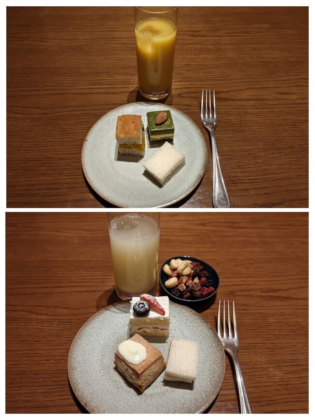 アフタヌーンティーでいただいたケーキとサンドイッチ、ジュースです。