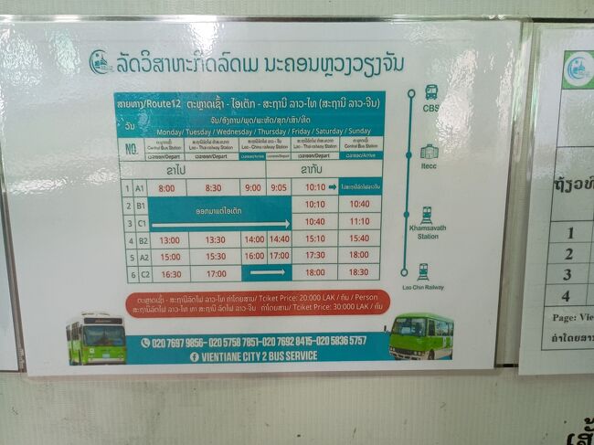 スタッフに聞くと12番のバスはすでに出発したとのこと。掲示されている時刻表を見ると、事前情報では朝0750発、0820発の2本ある筈のバスが0800発の1本に減便されてました。