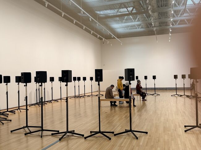 楕円形に配置された40台のスピーカーからは59声5声部で構成された聖歌隊の歌声が再生されるという作品<br /><br />と言っても何だか分かりづらいです<br /><br />写真も動画も許可されていましたので動画をアップします<br />https://youtu.be/VkBxGP6nVd4?si=NGgsJn2d3UbGgecT<br />聖歌隊の仲間のひとりのように中で聞いている音楽が聞こえています