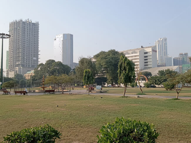 フレア・ホールが建つ公園。奥に高層ビルも建っています。