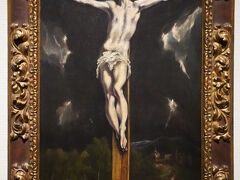 「十字架のキリスト」1610-14年頃 国立西洋美術館
揺らめく炎のように引き伸ばされた人体、荒々しい筆致、超自然的な色彩などにエル・グレコ晩年の様式を伝える作品です。彼は後半生をスペインのトレドで過ごし制作しましたが、ギリシャのクレタ島で生まれイコン画家として活躍、その後ヴェネツィアでティツィアーノやヤコポ・バッサーノの影響下に西欧絵画の技法を習得、まず細密画家として評判を得ました。彼のヴェネツィア滞在は、ヤコポの息子レアンドロ・バッサーノがヴェネツィア近郊バッサーノの父の工房で修業を始めたであろう時期と重なります。