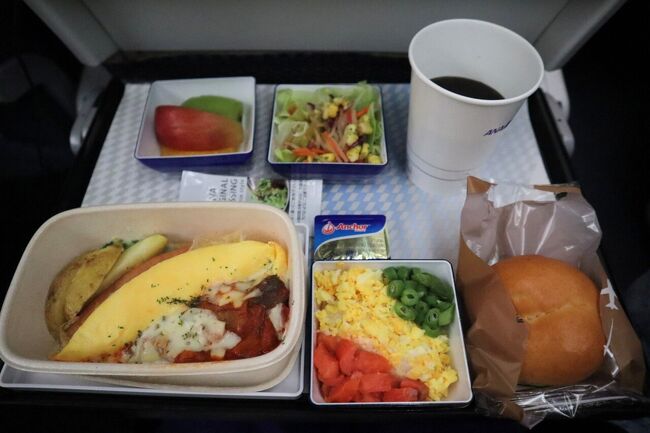 到着前の機内食<br />オムレツ、ソーセージ、ポテト美味しかったです<br /><br />空港に到着したら急いでウィーン中央駅に向かいます<br />もともと予約しておいた7:28発のRJXに乗れるのか