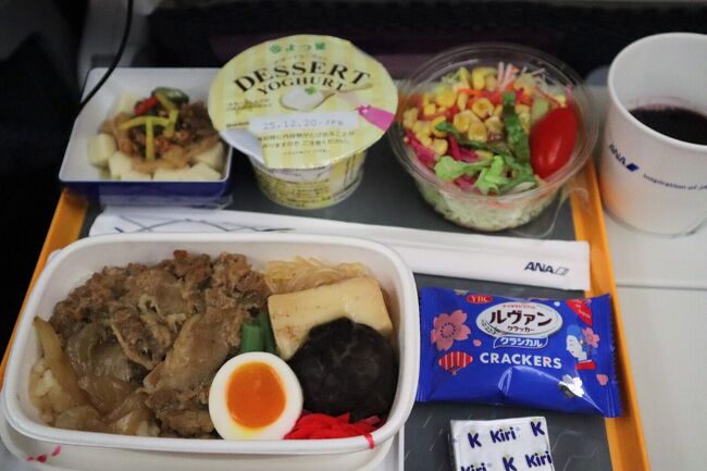 おやつ程度の軽食が配られると思ったら<br />ちゃんとした食事が出ました<br />赤ワインと共にしっかり完食